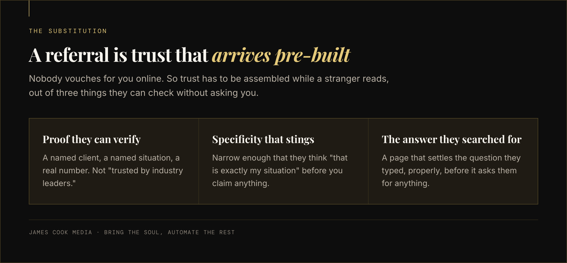A referral delivers pre-built trust while online trust must be assembled from verifiable proof