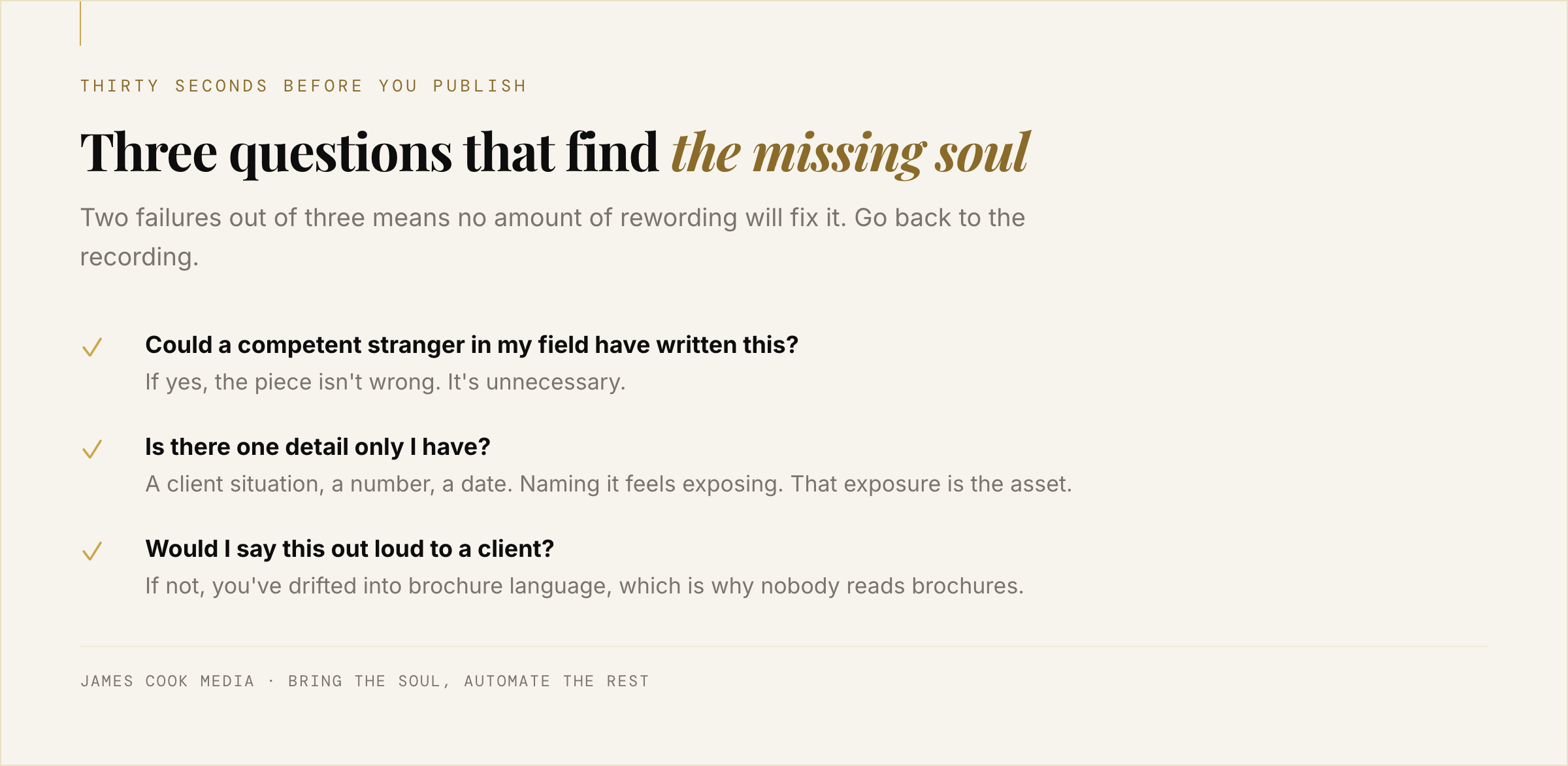 Three-question checklist for testing whether AI-assisted content still sounds human before publishing