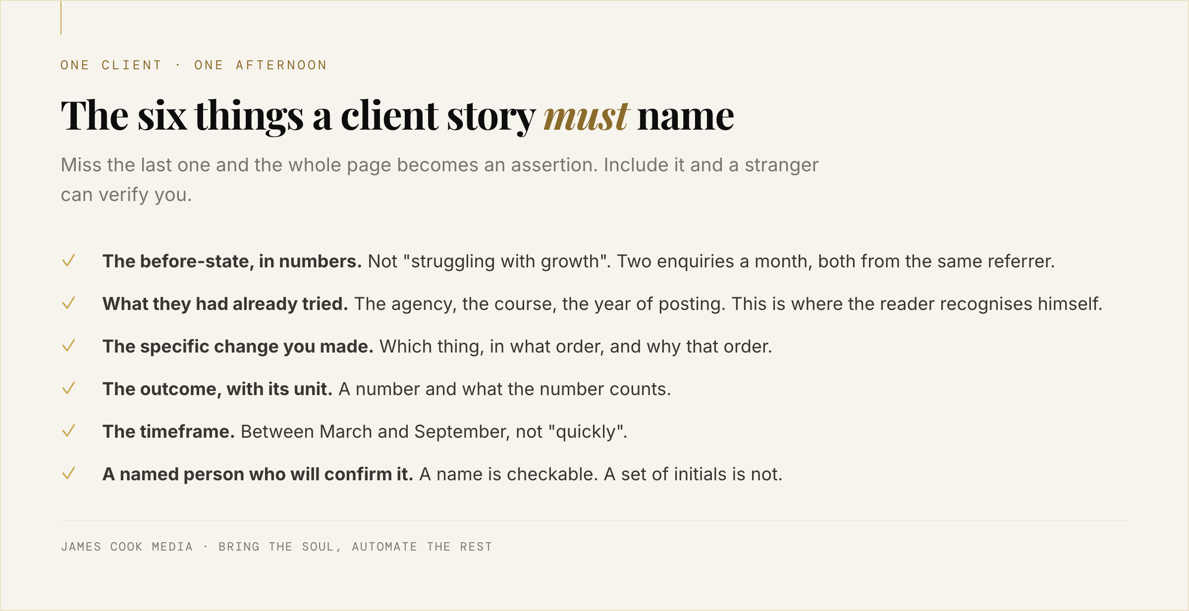 Checklist of the six elements a single client story needs to build authority