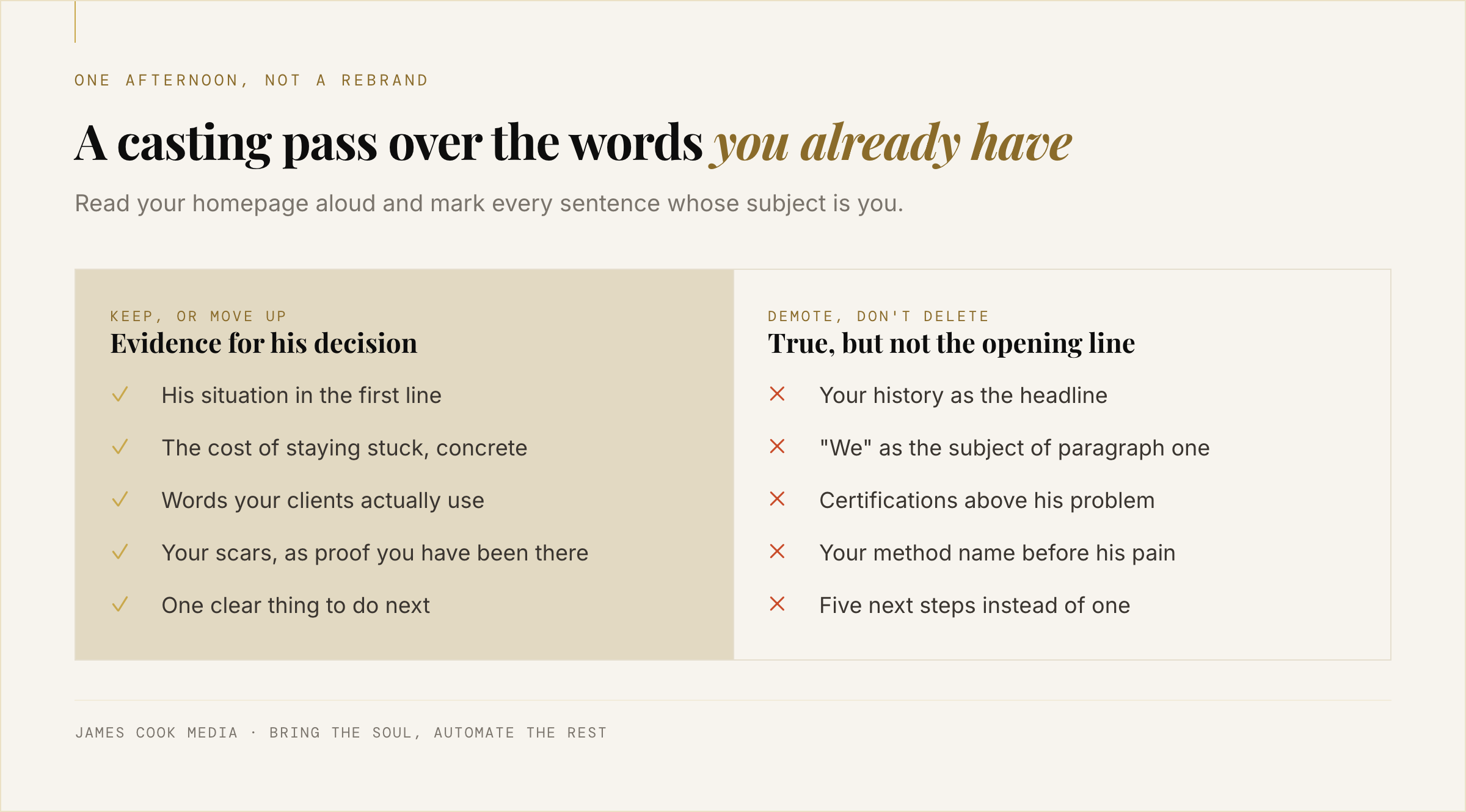 Checklist for rewriting an expert's website so the client is the hero and the expert is the guide