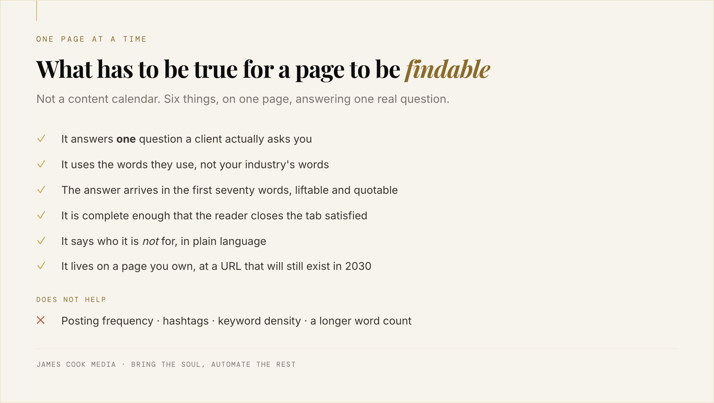 Checklist of what makes a single page findable for a solo expert