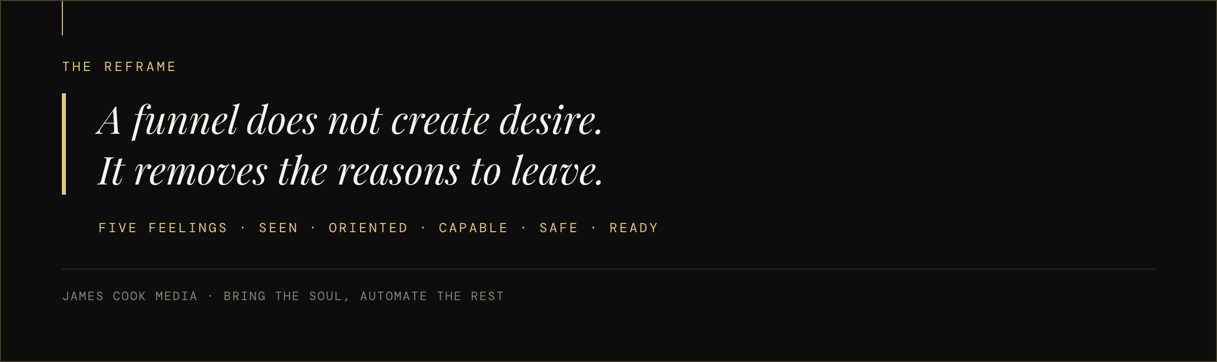 Statement graphic reading that a funnel does not create desire, it removes the reasons a visitor has to leave