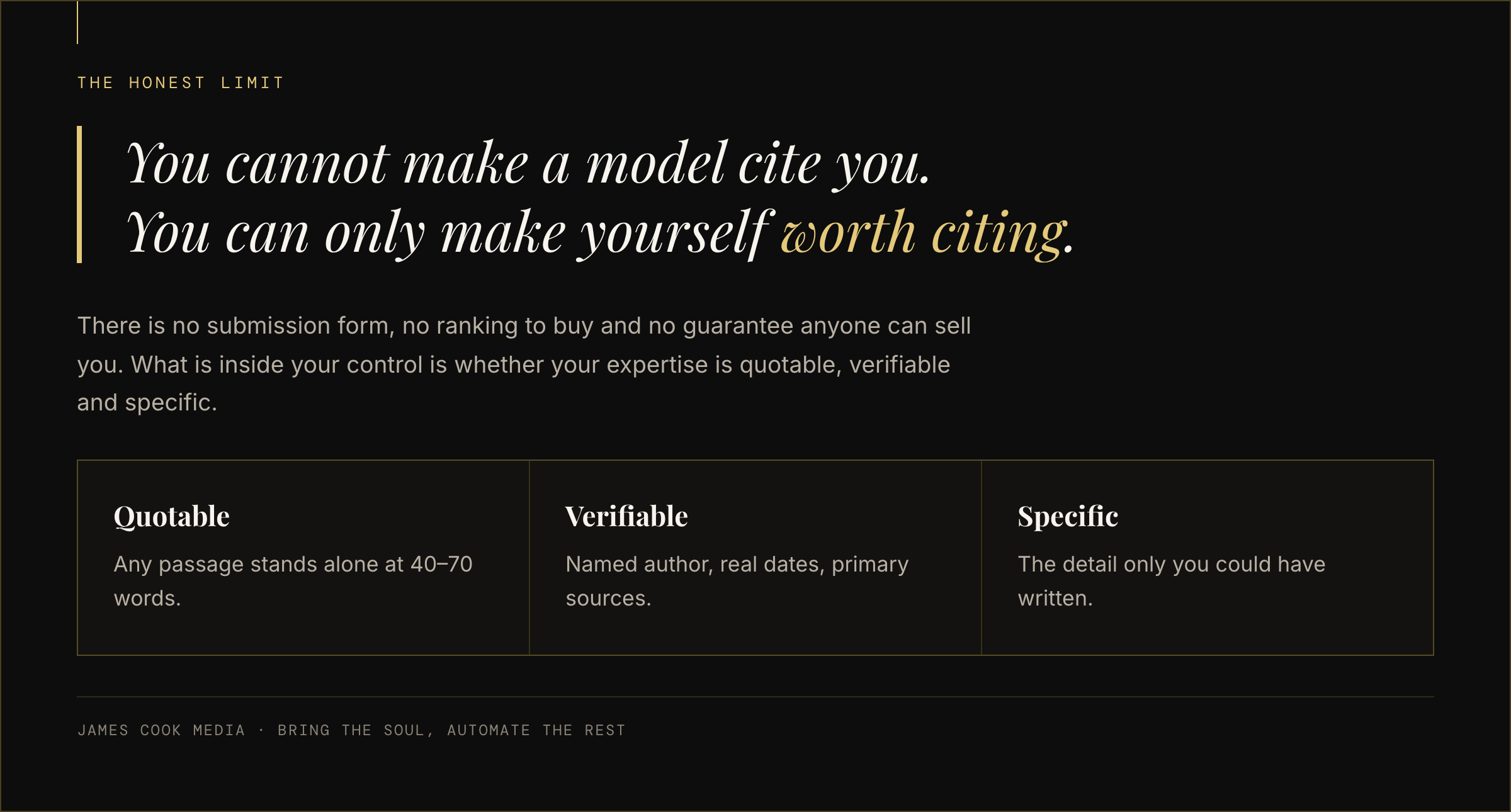 Statement graphic reading you cannot make a model cite you, only worth citing