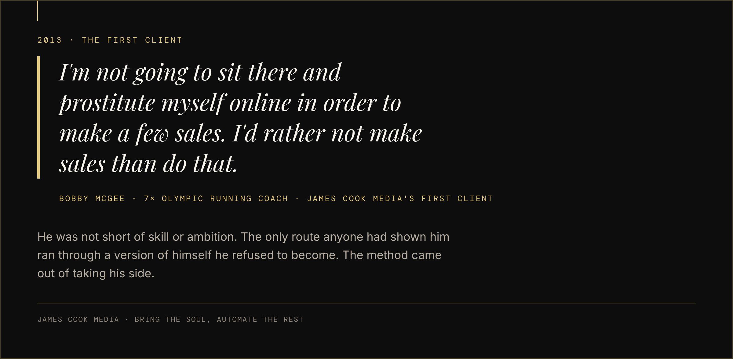 Pull quote of Bobby McGee refusing to read a scripted sales video, saying he would rather not make sales