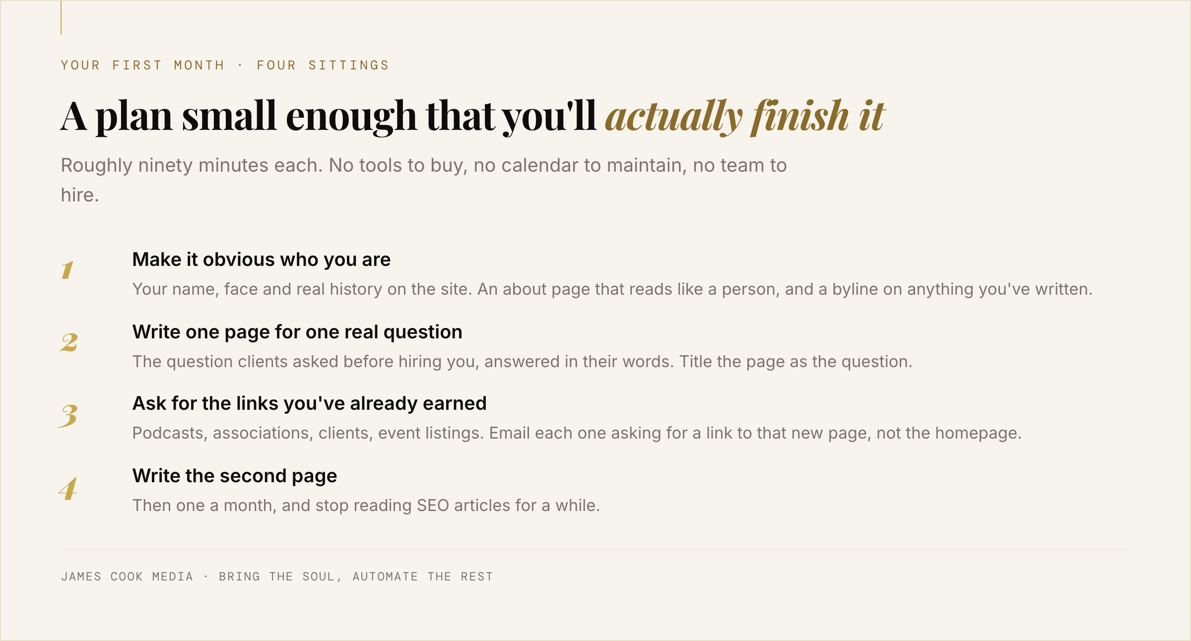 A four-step first month of SEO for a solo coach or consultant, one sitting per step