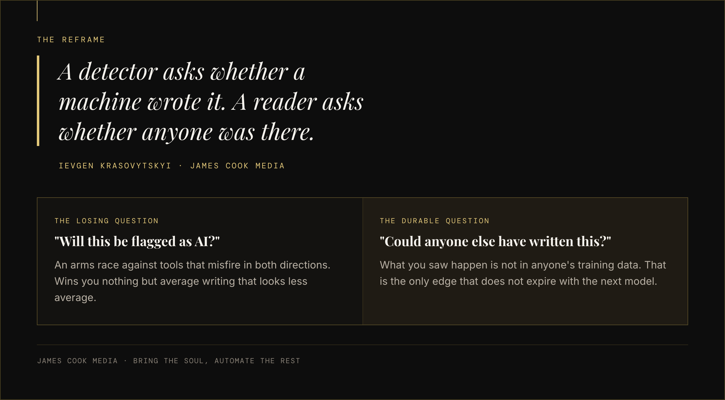 Statement figure reading: a detector asks whether a machine wrote it, a reader asks whether anyone was there