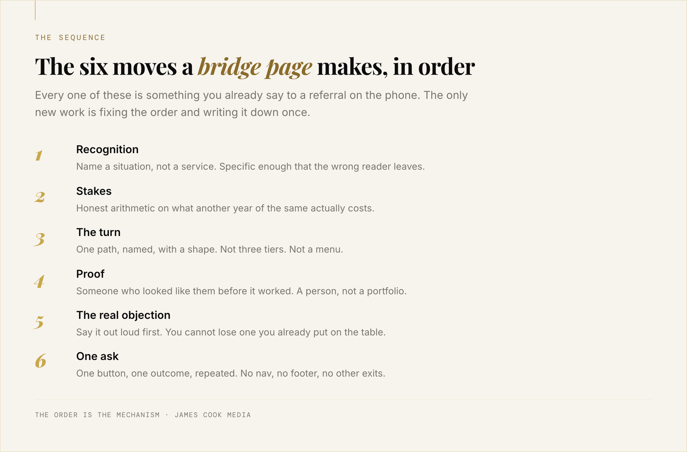 The six moves a story-driven funnel page makes in order, from recognition to a single ask